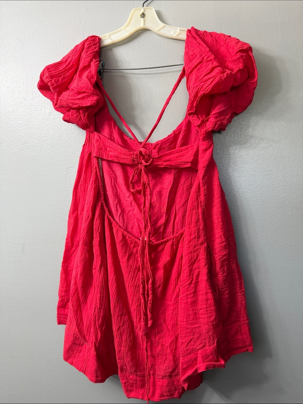 Free People Marina Mini Dress red Coral Red Textured Gauze  puff sleeve Large - Picture 5 of 9